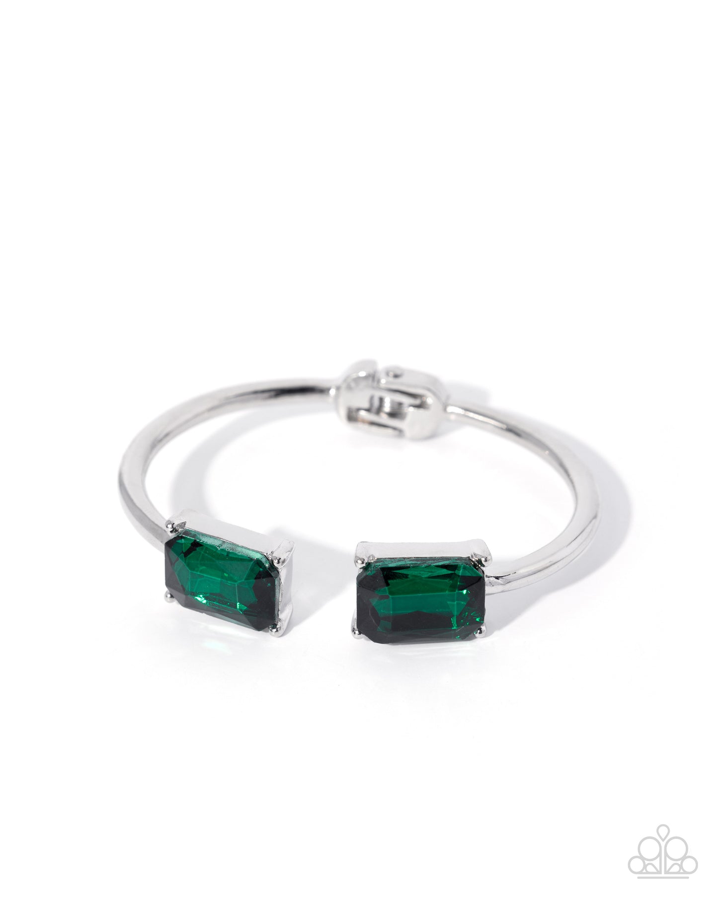 Paparazzi Immediate Icon - Green Emerald Cut Gem Silver Hinged Bracelet B2695
