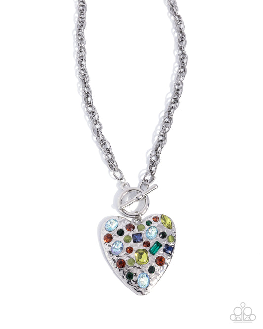 Paparazzi Circulated Chic - Green, Multicolored Gem Silver Oversized Heart Necklace