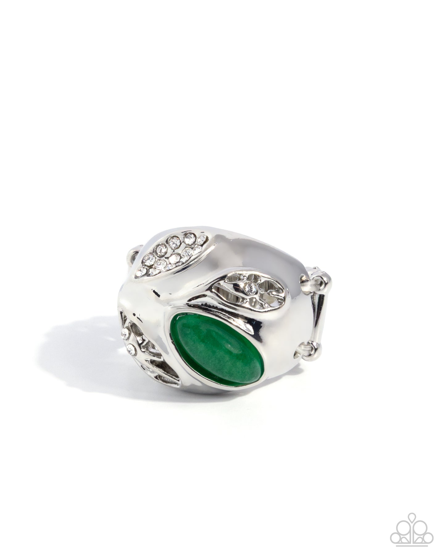 Paparazzi Whispering Canyon - Green Jade Stone White Rhinestone Silver Ring R1059