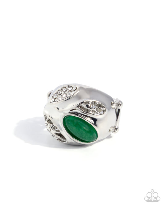 Paparazzi Whispering Canyon - Green Jade Stone White Rhinestone Silver Ring R1059