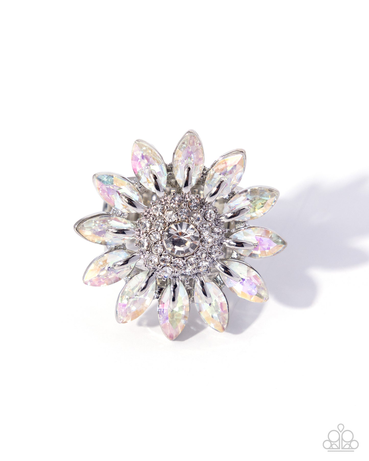 Paparazzi Dreamy Daisy - White & White Iridescent Gem Floral Ring R0720