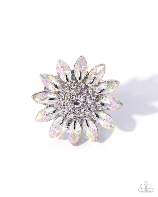 Paparazzi Dreamy Daisy - White & White Iridescent Gem Floral Ring R0720