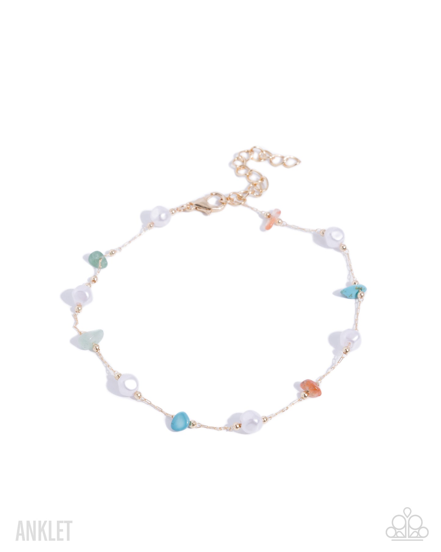 Paparazzi Spirited Story - Multicolored Jade, Orange, Amethyst, Turquoise & Rose Quartz Stone & White Pearl Anklet B2640