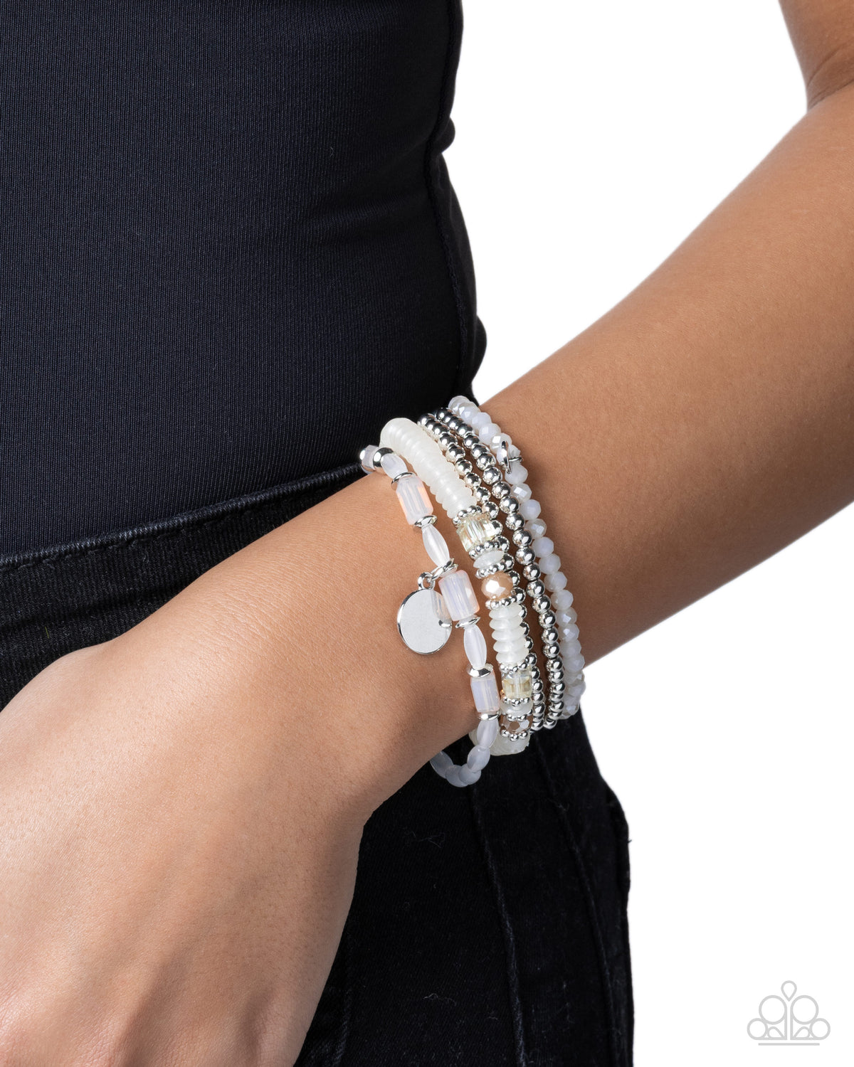Paparazzi Semester Strands - White, Silver, Floral & UV Shimmery White Bead Set Of 5 Bracelets
