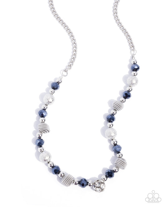Paparazzi Textured Time - Blue Montal & Silver Bead White Rhinestone Necklace
