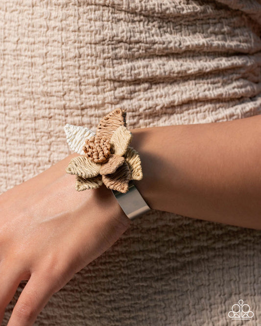 Paparazzi Petal Promotion - Brown Raffia Flower Silver Cuff Bracelet Empower Me Pink 2026 Exclusive B2662