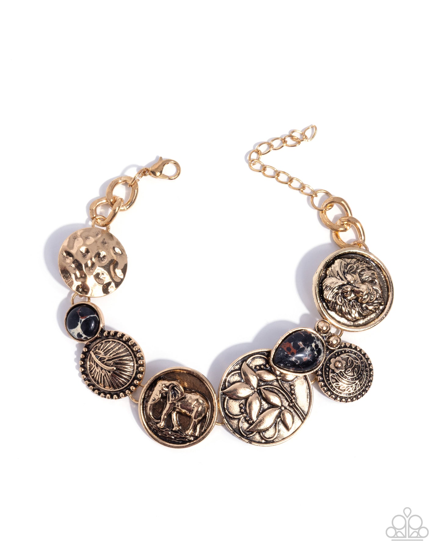 Paparazzi Relentless Roar - Black & White Marbled Stone, Antiqued Gold Lion, Elephant Bracelet B2635