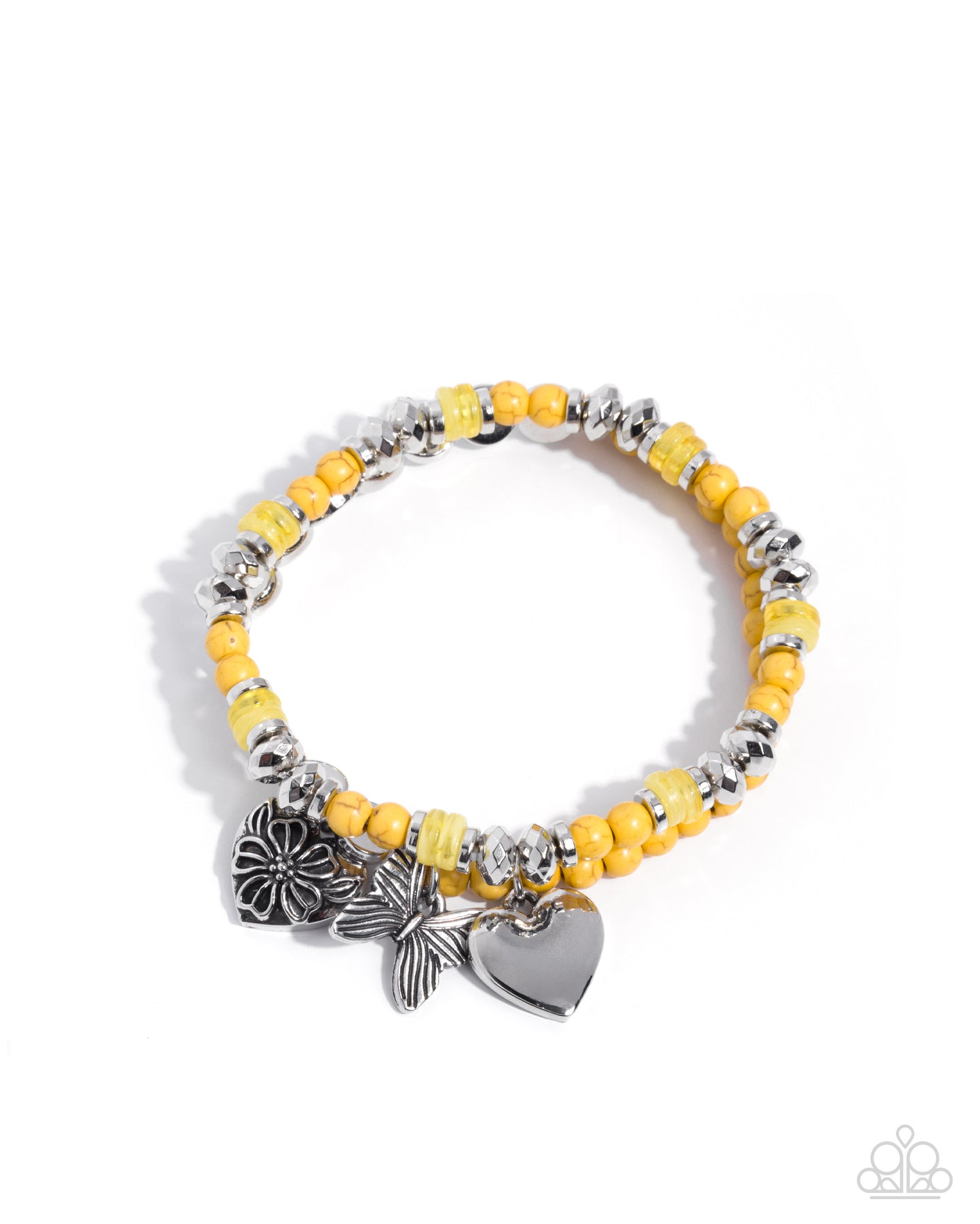 Paparazzi Gliding Greeting - Yellow & Silver Butterfly, Heart Padlock Charm Style Stretch Bracelet