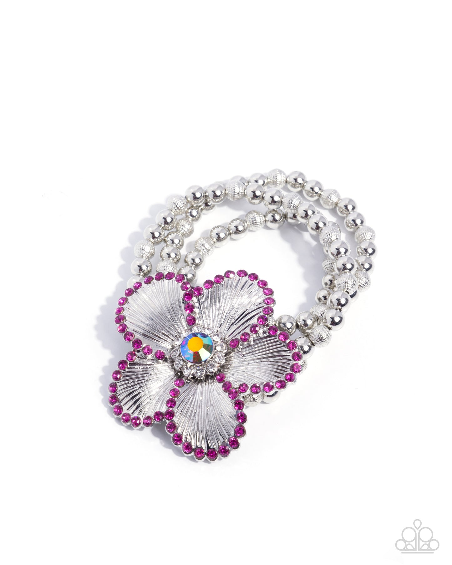 Paparazzi Blooming Bourre - Pink Fuchsia & White Rhinestone Silver Flower Stretch Bracelet B2529