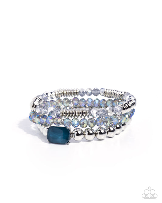 Paparazzi Synchronized Showcase - Blue, Silver & Lyons Blue Gem Set Of 3 Stretch Bracelets B2637