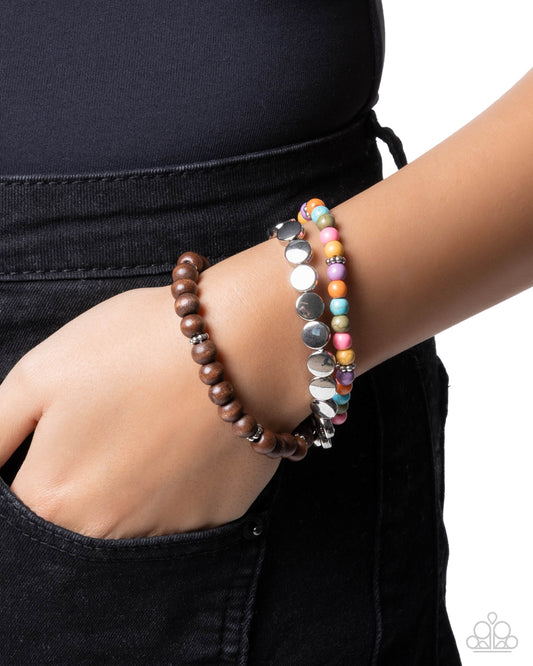Paparazzi Mesa Moment - Multicolored Stone, Silver & Brown Wood Bead Set Of 3 Stretch Bracelets B2670