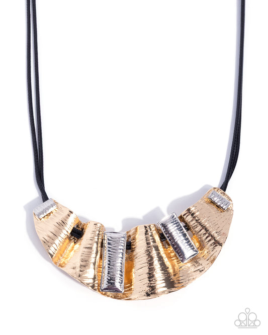 Paparazzi Crimped Caliber - Gold Hammered Plate Black Corded Necklace N3621