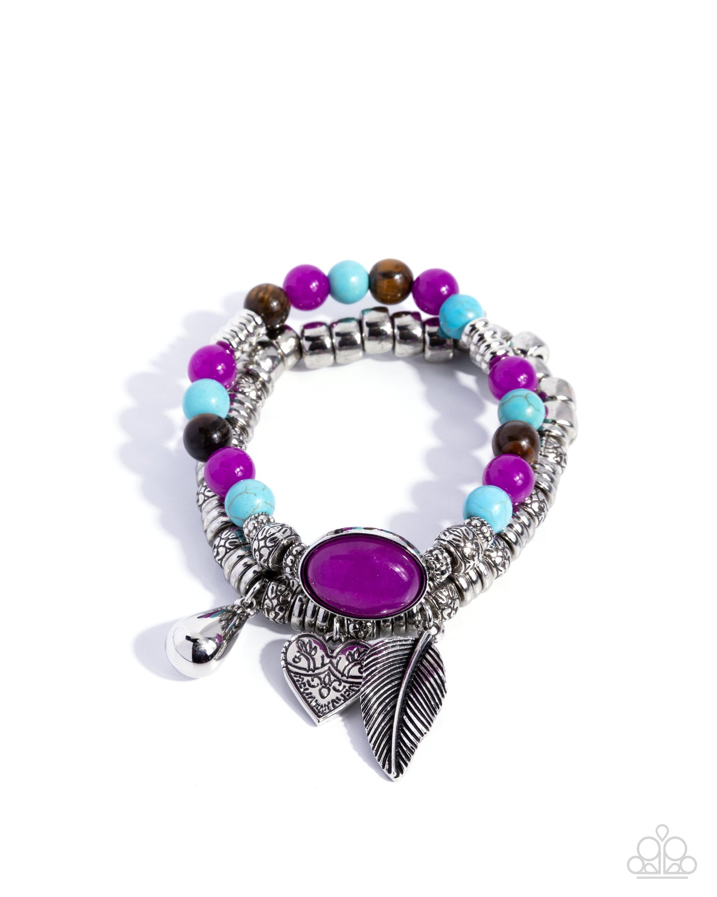 Paparazzi Seasonal Selfie - Purple, Turquoise, Tigers Eye Stone & Silver Feather, Heart Teardrop Charm Set Of 2 Stretch Bracelets B2638