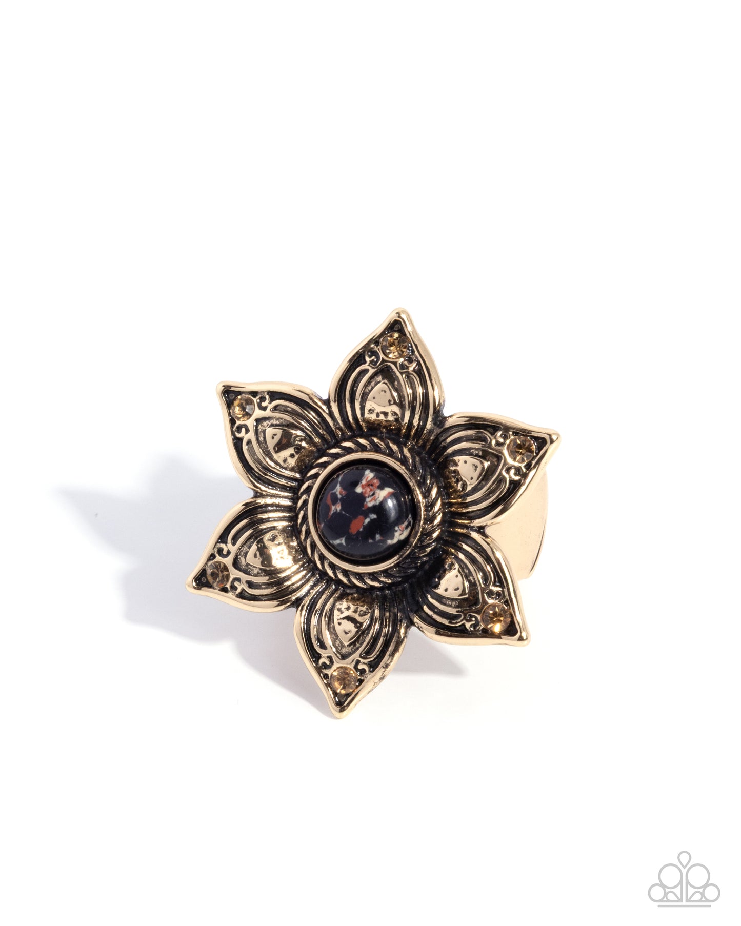 Paparazzi Smooth Stones - Black Marbled Stone & Antiqued Gold Flower Santa Fe Style Ring R1379
