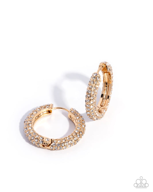 Paparazzi Commanding Chic - Gold White Rhinestone Hinged 1 Inch Hoop Earring