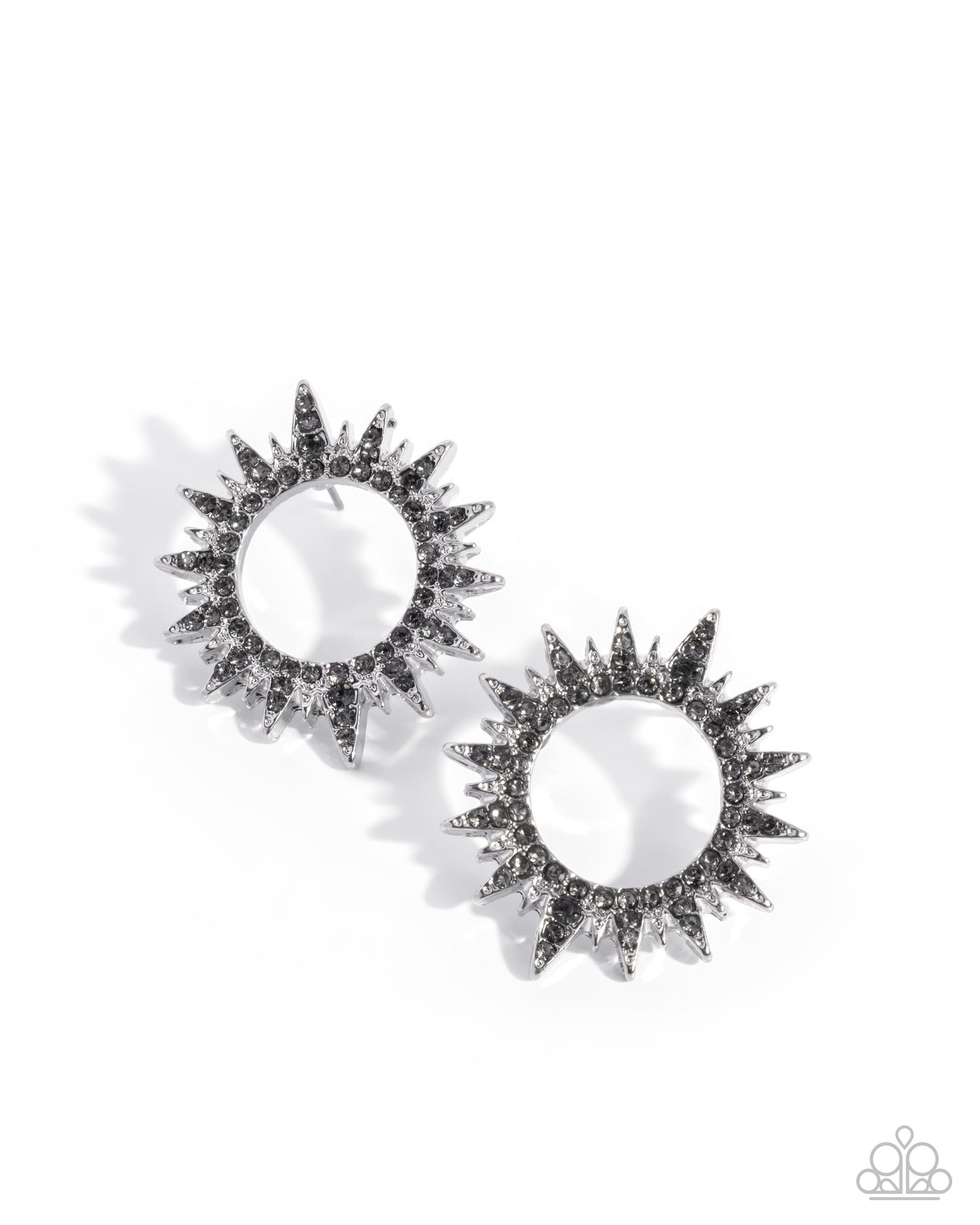Paparazzi Stellar Stealth - Silver Spiked Wreath Smoky Rhinestone Post Earring E3411