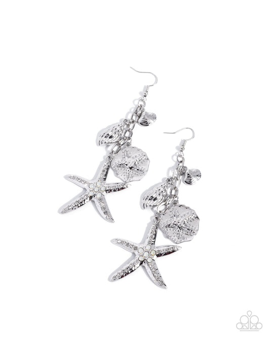Paparazzi Coastal Community - White & Opalescent Rhinestone Silver Starfish Earring E2684