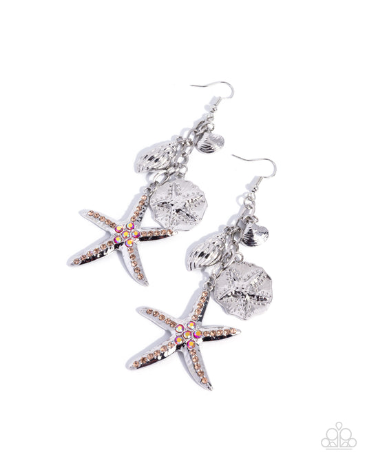 Paparazzi Coastal Community - Orange, Light Peach Rhinestone Silver Charm Sand Dollar, Seashell Earring E3361