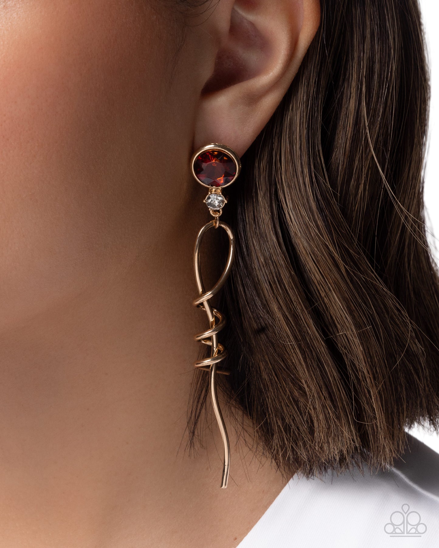 Paparazzi Pretty Pirouette - Brown Topaz Gem Gold Elongated Earring E3429