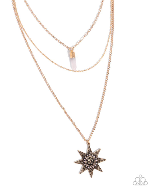 Paparazzi Rustic Resilience - Pink Rose Quartz Stone Antiqued Gold Star Layered Necklace