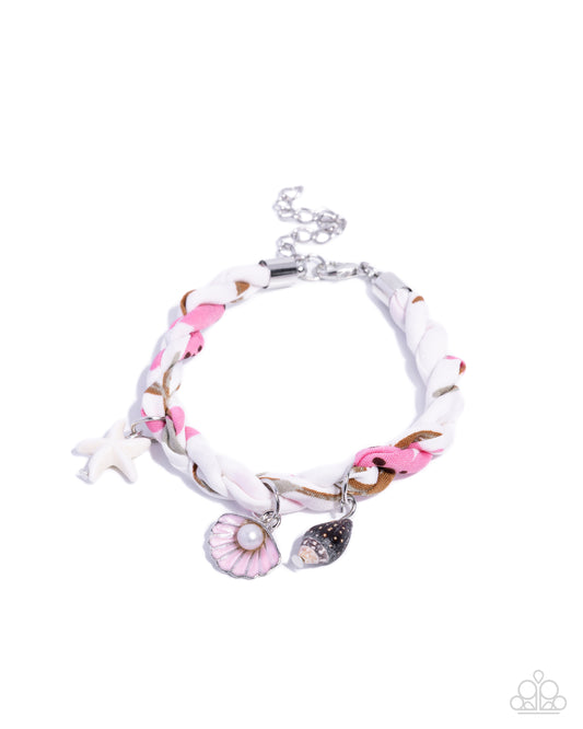 Paparazzi Coastal Compliment - White, Pink & Brown Braided Cord Charm Beach Style Bracelet B2708