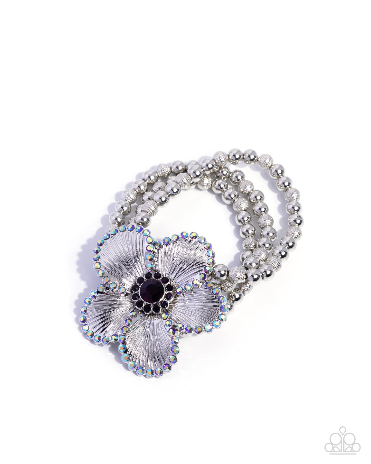 Paparazzi Blooming Bourre - Purple & Silver Flower Stretch Bracelet