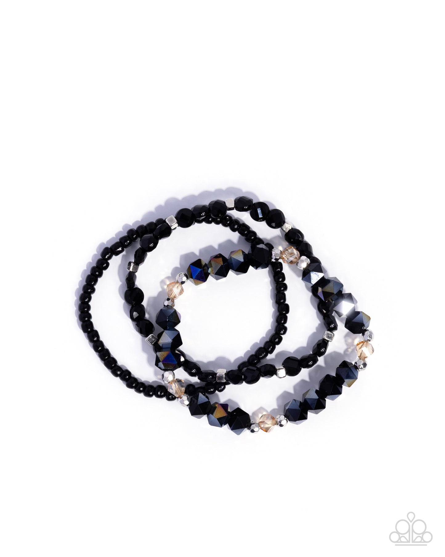 Paparazzi Confident Courtesy - Black Seed Bead & UV Shimmery Black Bead Set Of 3 Stretch Bracelets B2533