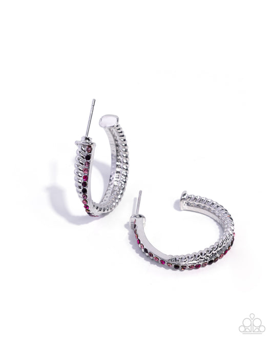 Paparazzi Crossed Courtesy - Pink Multicolored Rhinestone Silver 1 Inch Hoop Earring