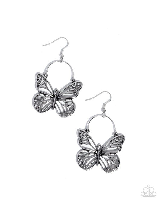 Paparazzi Aerial Arrival - Silver Butterfly Earring E0895