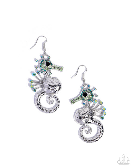 Paparazzi Sea Horse Shimmer - Green, Malachite Rhinestone Sea Horse Beach Style Earring E3481