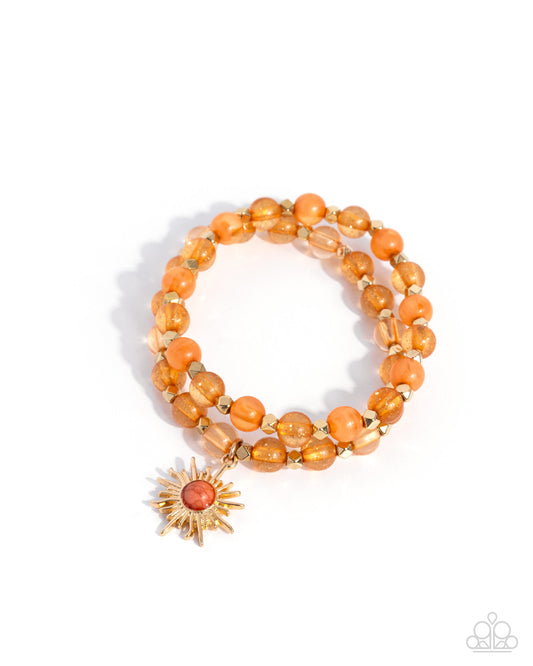 Paparazzi Serene Sunrise - Orange Bead, Gold Sunburst Pendant Set Of 2 Stretch Bracelets