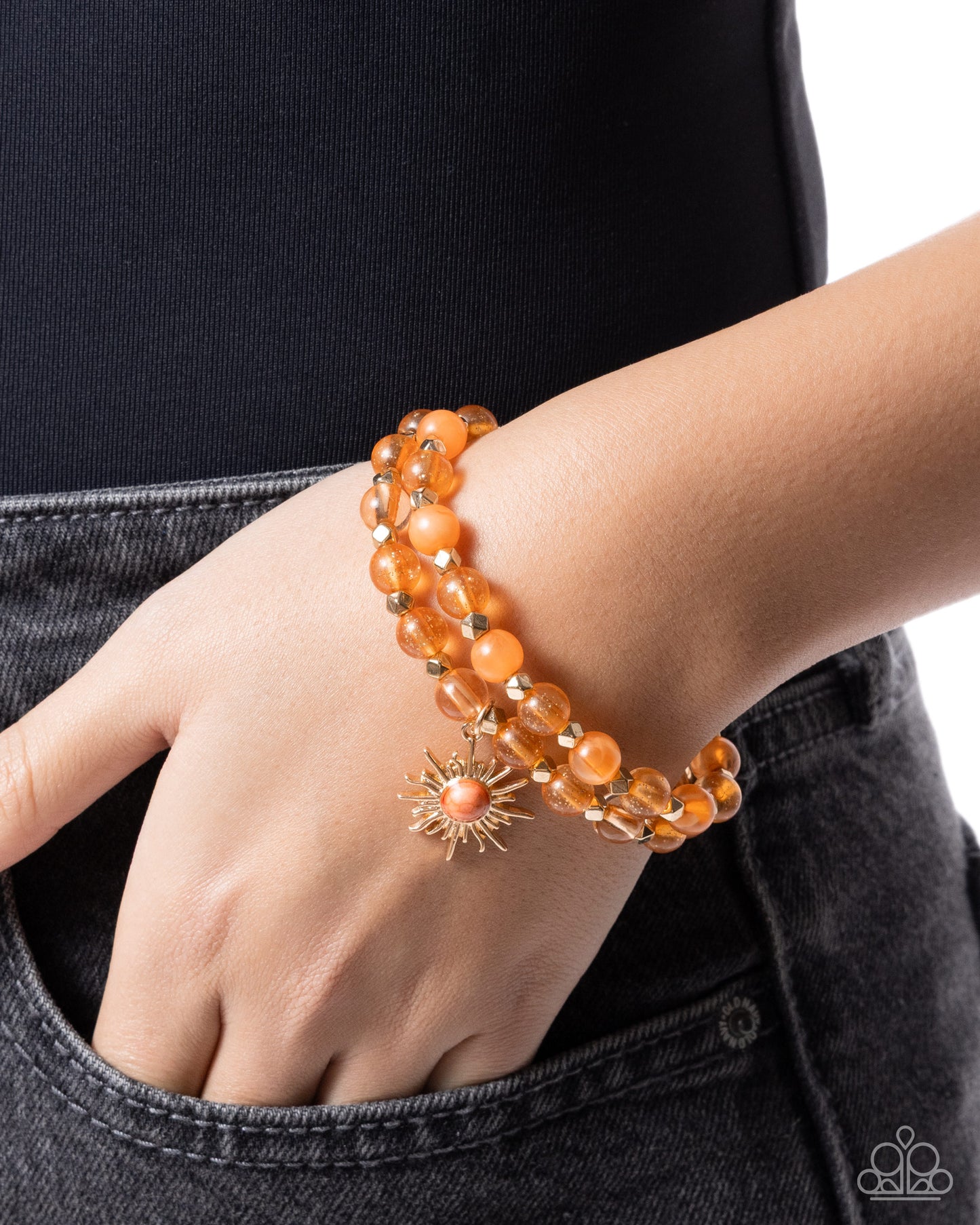 Paparazzi Serene Sunrise - Orange Bead, Gold Sunburst Pendant Set Of 2 Stretch Bracelets