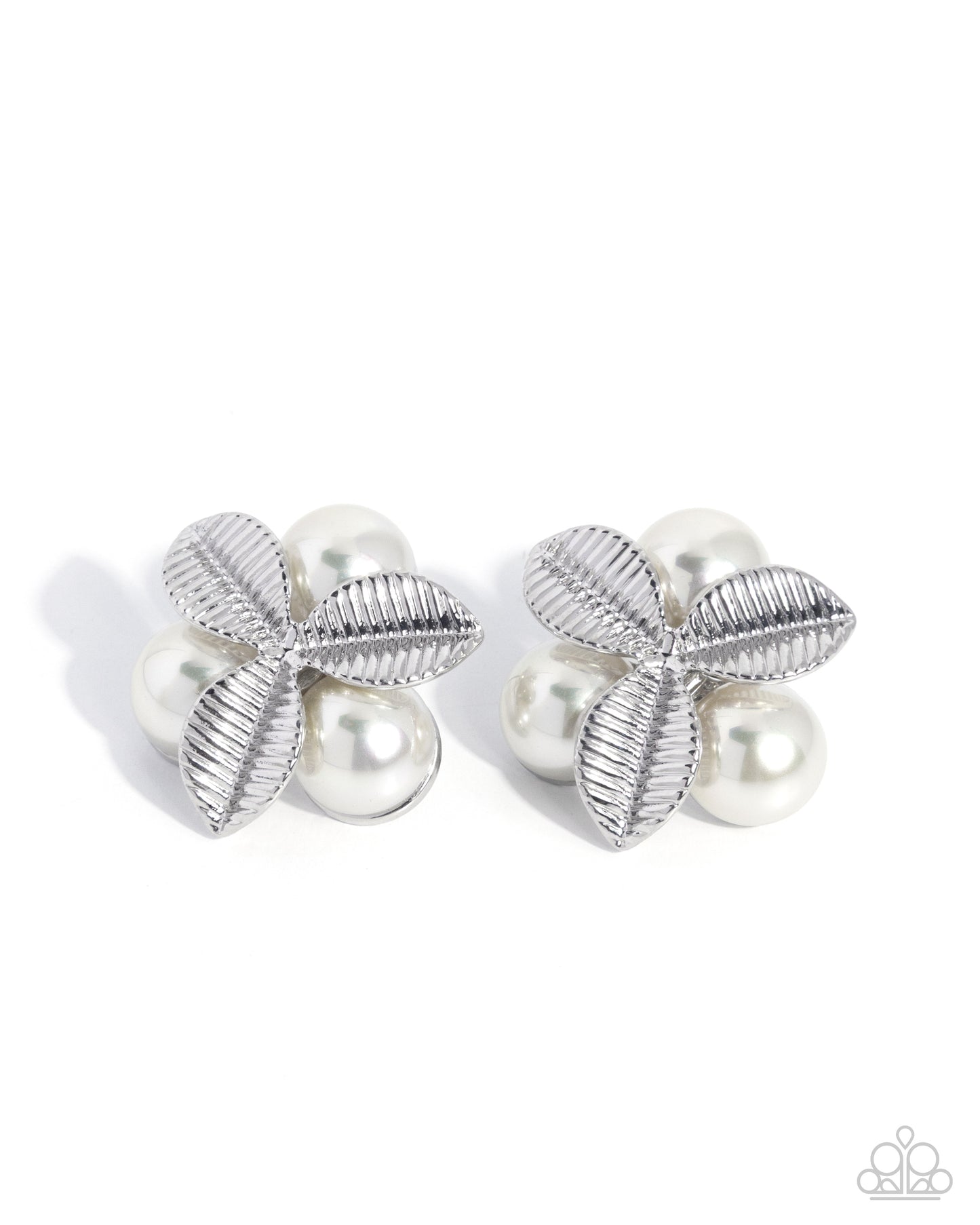 Paparazzi Pearly Publicity - White Pearl Silver Palm Leaves Post Earring