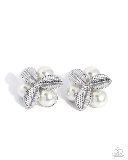 Paparazzi Pearly Publicity - White Pearl Silver Palm Leaves Post Earring