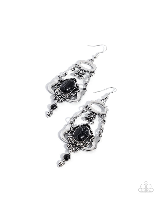 Paparazzi Earthy Elaboration - Black Stone Silver Floral Filigree Earring E3405