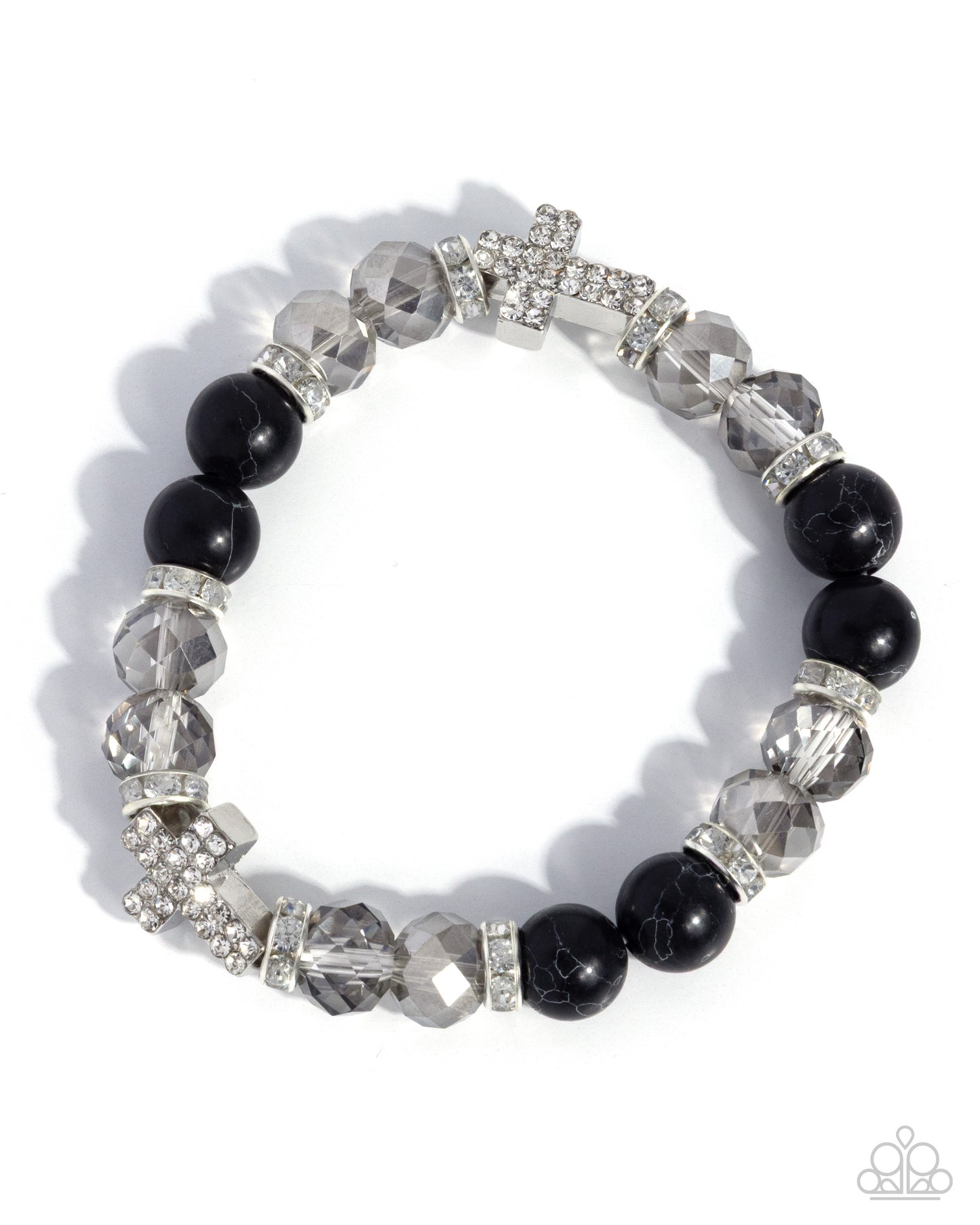 Paparazzi Celestial Crush - Black Marbled Stone, Smoky Bead & White Rhinestone Silver Cross Stretch Bracelet