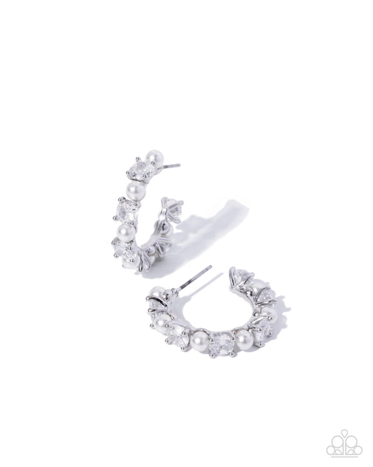 Paparazzi Crowning Class - White Pearl & Cubic Zirconia 1 Inch Hoop Earring