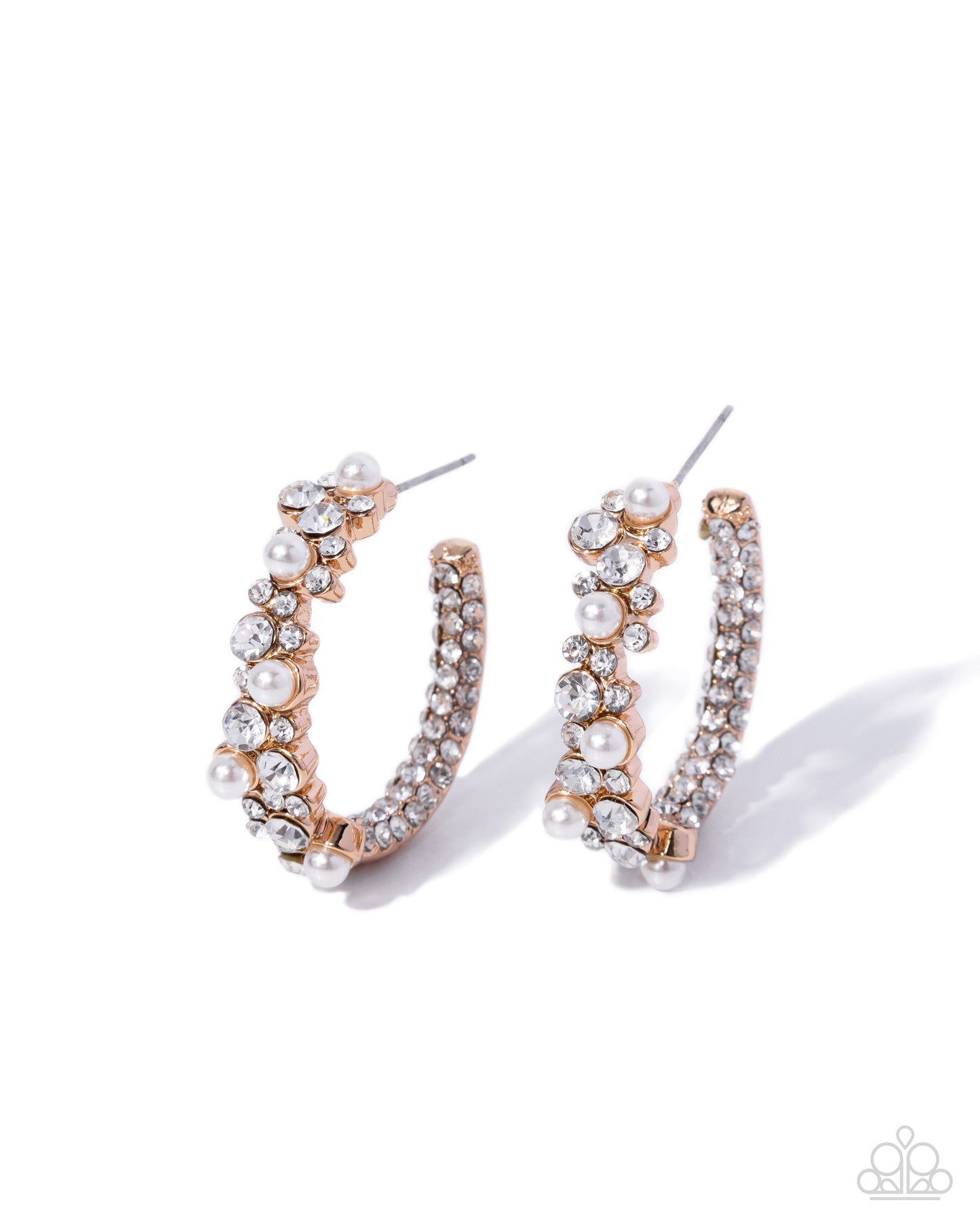 Paparazzi Graceful Gaze - Gold, White Rhinestone, Gems & Pearls 1 1/4 Inch Hoop Earring
