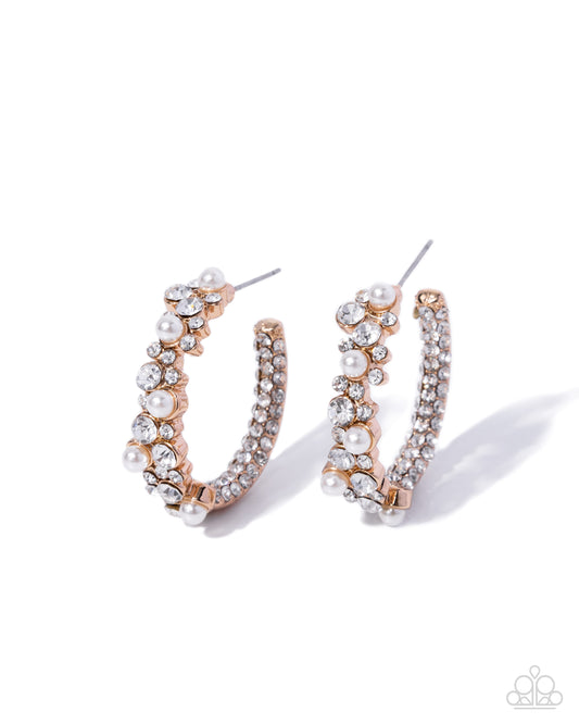 Paparazzi Graceful Gaze - Gold, White Rhinestone, Gems & Pearls 1 1/4 Inch Hoop Earring E3574
