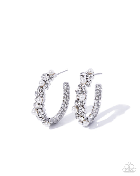 Paparazzi Graceful Gaze - White Rhinestone, Gem & Pearl 1 1/4 Inch Hoop Earring