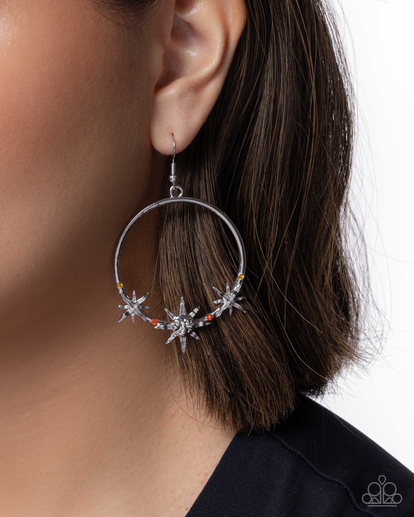Paparazzi Heraldry Halftime - Orange, Topaz Rhinestone & Silver Sun Earring E3416