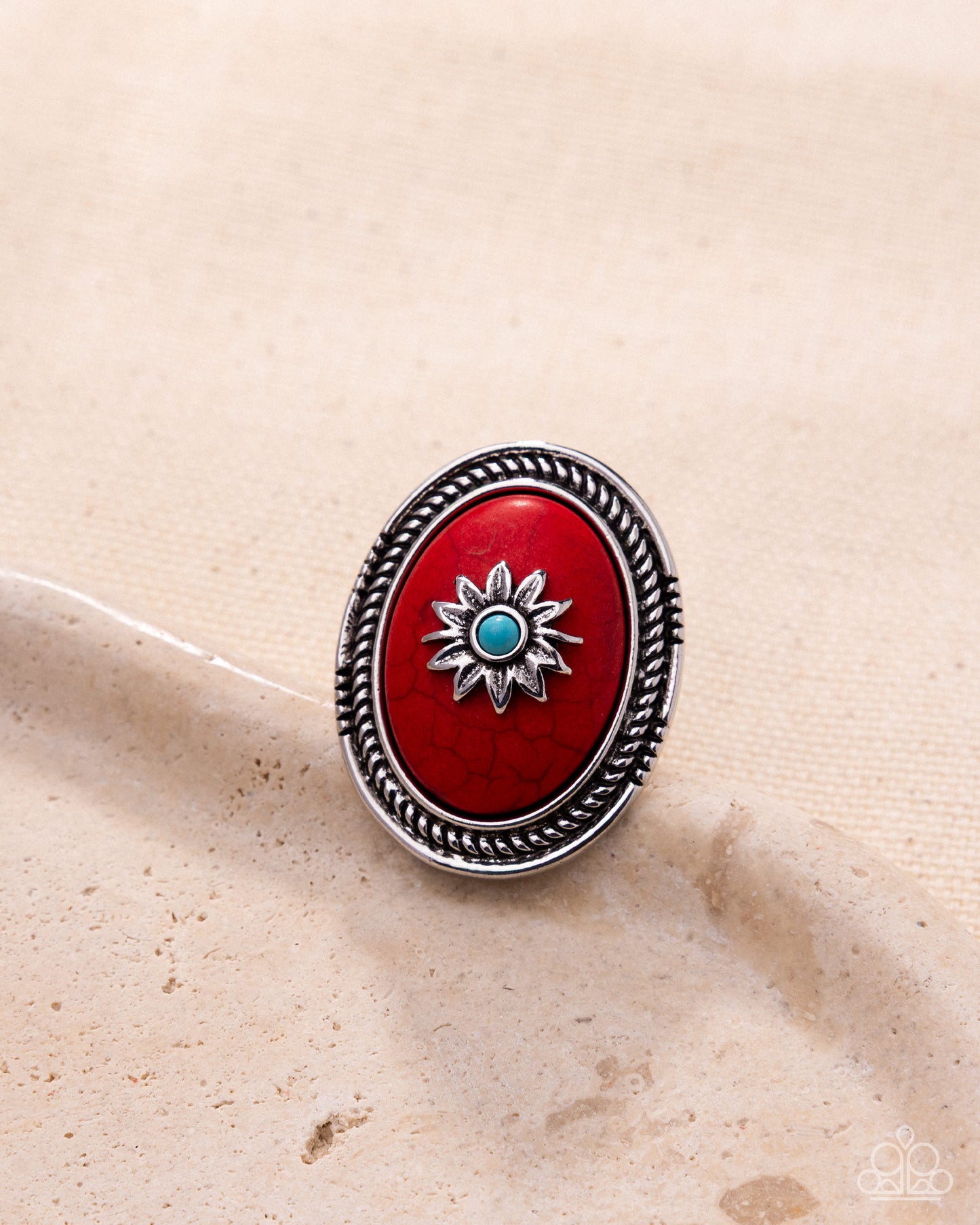 Paparazzi Rustic Raid - Red Marbled Stone Silver Flower Ring R1402
