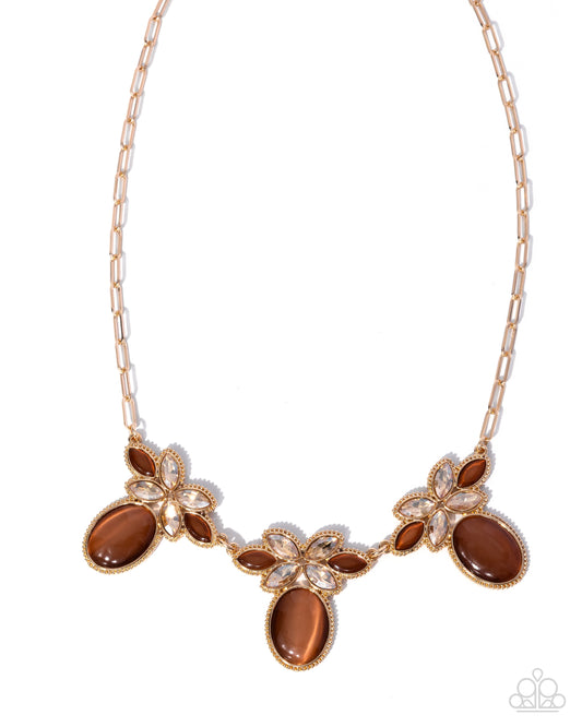 Paparazzi Elegant Emphasis - Brown Cat's Eye Stone & Champagne Gem Gold Necklace
