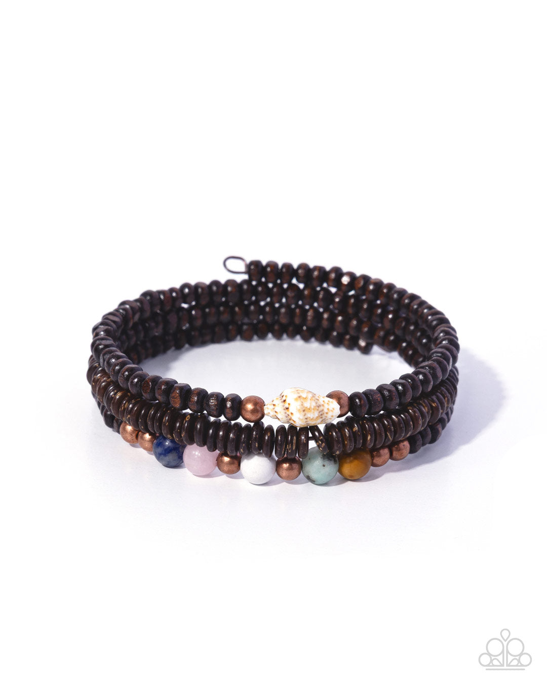 Paparazzi Shell Specialty - Copper, Multicolored Stone, Brown Wood Bead & Seashell Coil Bracelet