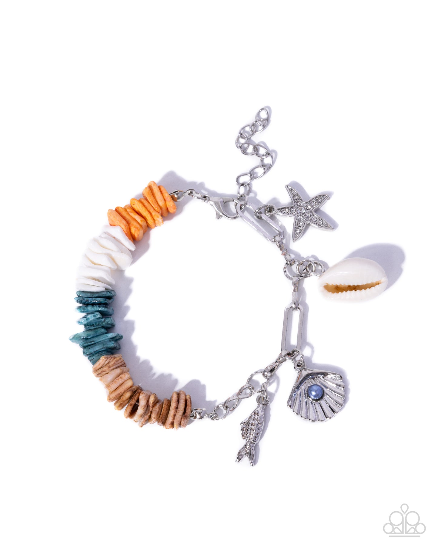 Paparazzi Seaside Shells - Multicolored Silver Paperclip Chain Beach Style Charm Bracelet N2760