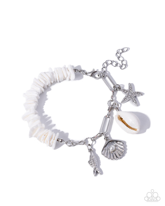 Paparazzi Seaside Shells - White Shell, Silver Oyster & Fish Ocean Inspired Charm Bracelet B2644