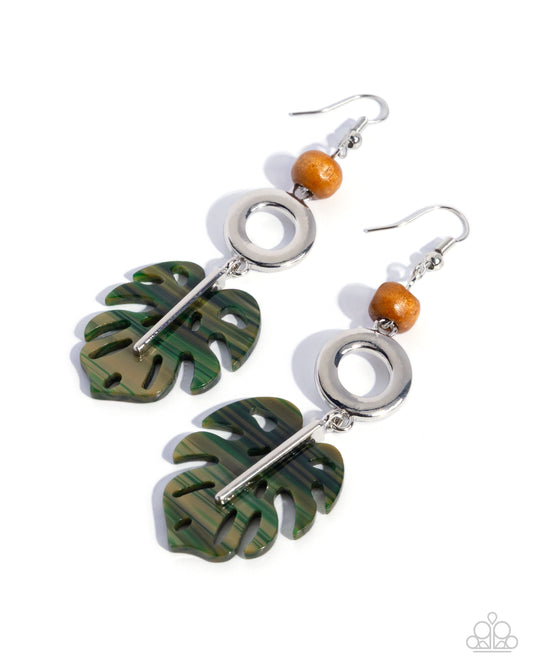 Paparazzi Cabana Cruise - Green Acrylic Palm Leaf Silver Earring