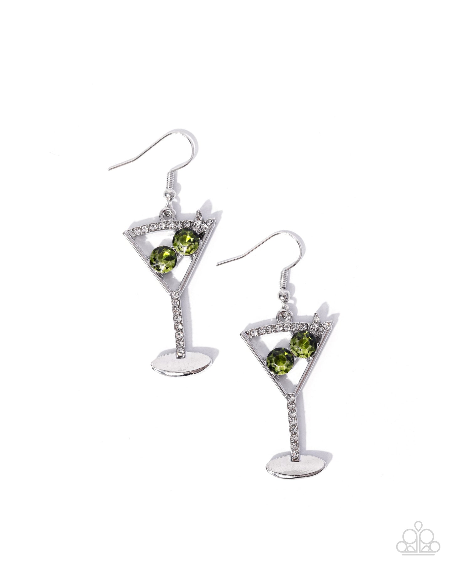 Paparazzi Memorable Martini - Green & White Rhinestone Martini Glass Earring E0031