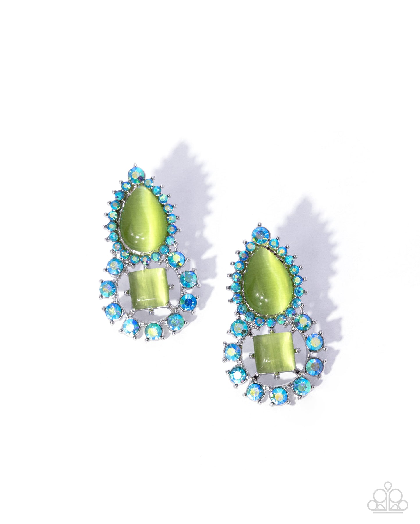 Paparazzi Fine Framing - Green Cat's Eye Teardrop & Blue Aquamarine Rhinestone Earring