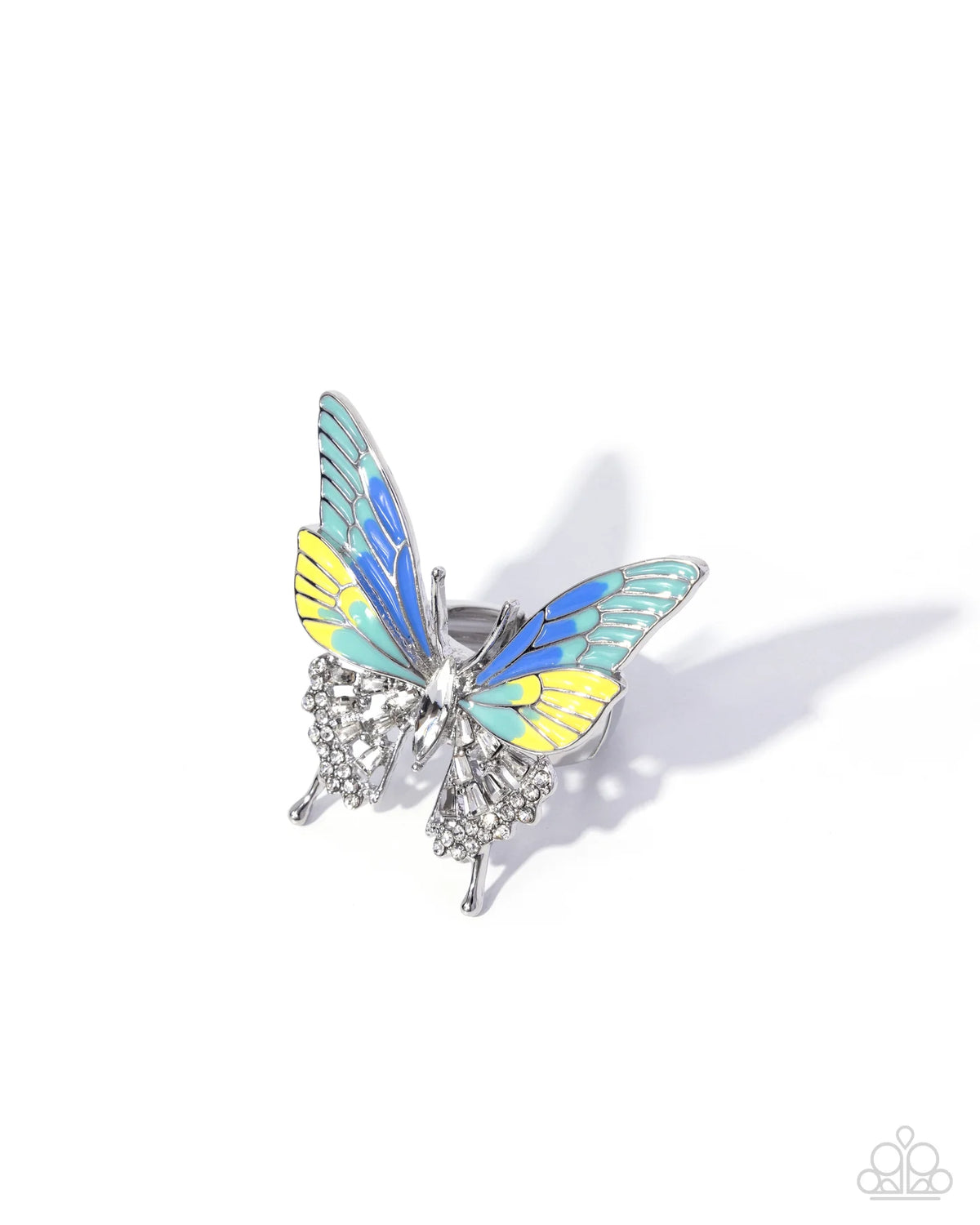 Paparazzi Fluttering Fusion - Green Blue, Light Yellow Silver Butterfly Ring R0235